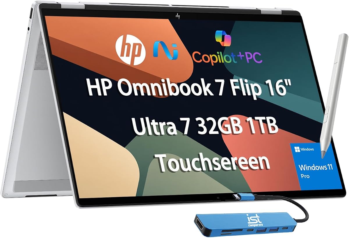 Computadora portátil HP OmniBook 7 Flip 16" 2 en 1, Intel Ultra 7 258 V, 32 GB DDR5 1 TB SSD | Next Gen Envy x360, pantalla táctil FHD+, Business, Copilot+ PC, Arc 140 V GPU 16 GB, MPP Stylus, cámara web IR, Wi-Fi 7, Win 11 Pro