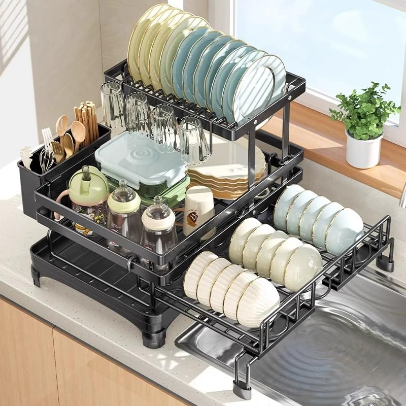 充実の付属品で使いやすい／調整可能／水切りラック Amazon｜食器 水切りラック 2段 伸縮 キッチンシンク上 水切りカゴ