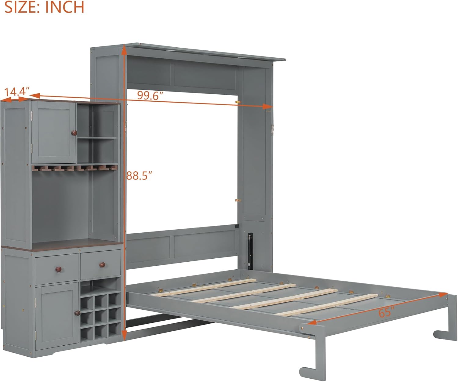 Merax Queen Size Murphy Bed with Built-in Storage for Bedroom, Wall Bed with Wine Rack, Glass Holder, and Multi-Color LED Strip, Gray