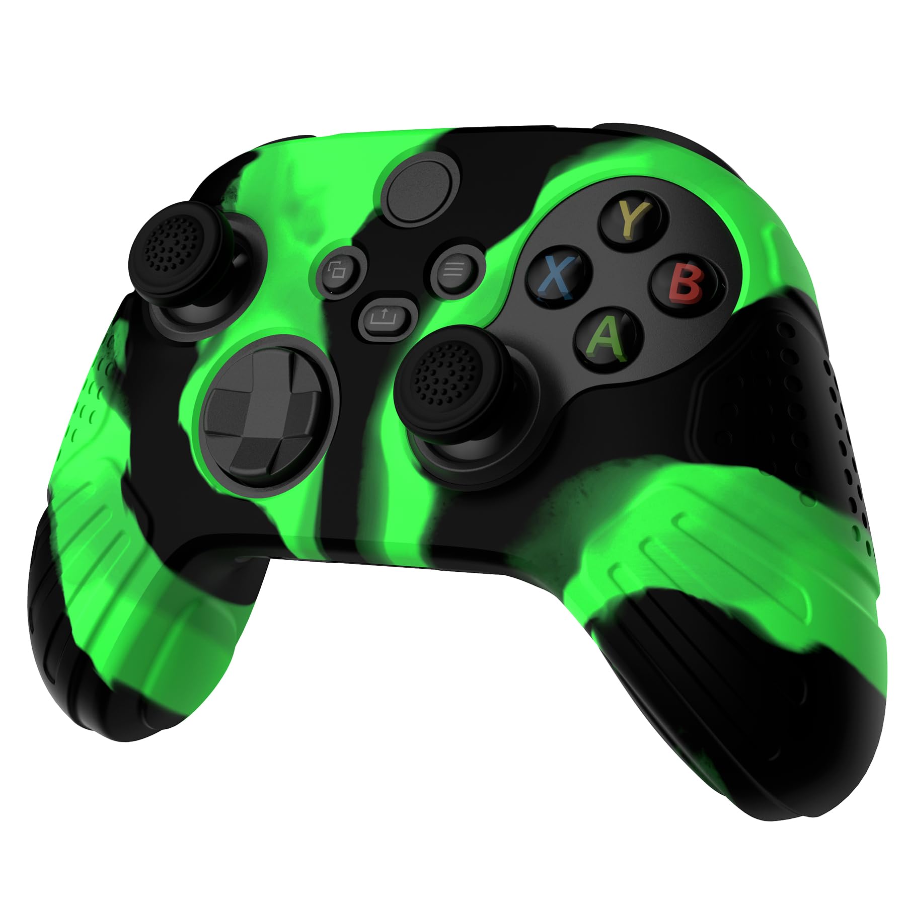 eXtremeRate PlayVital Funda de Silicona para Xbox Series X/S - Protector Antideslizante de Tacto Suave con 2 Tapas de Joystick, Material Duradero, Protección Completa - Edición Guardian (Verde Negro)