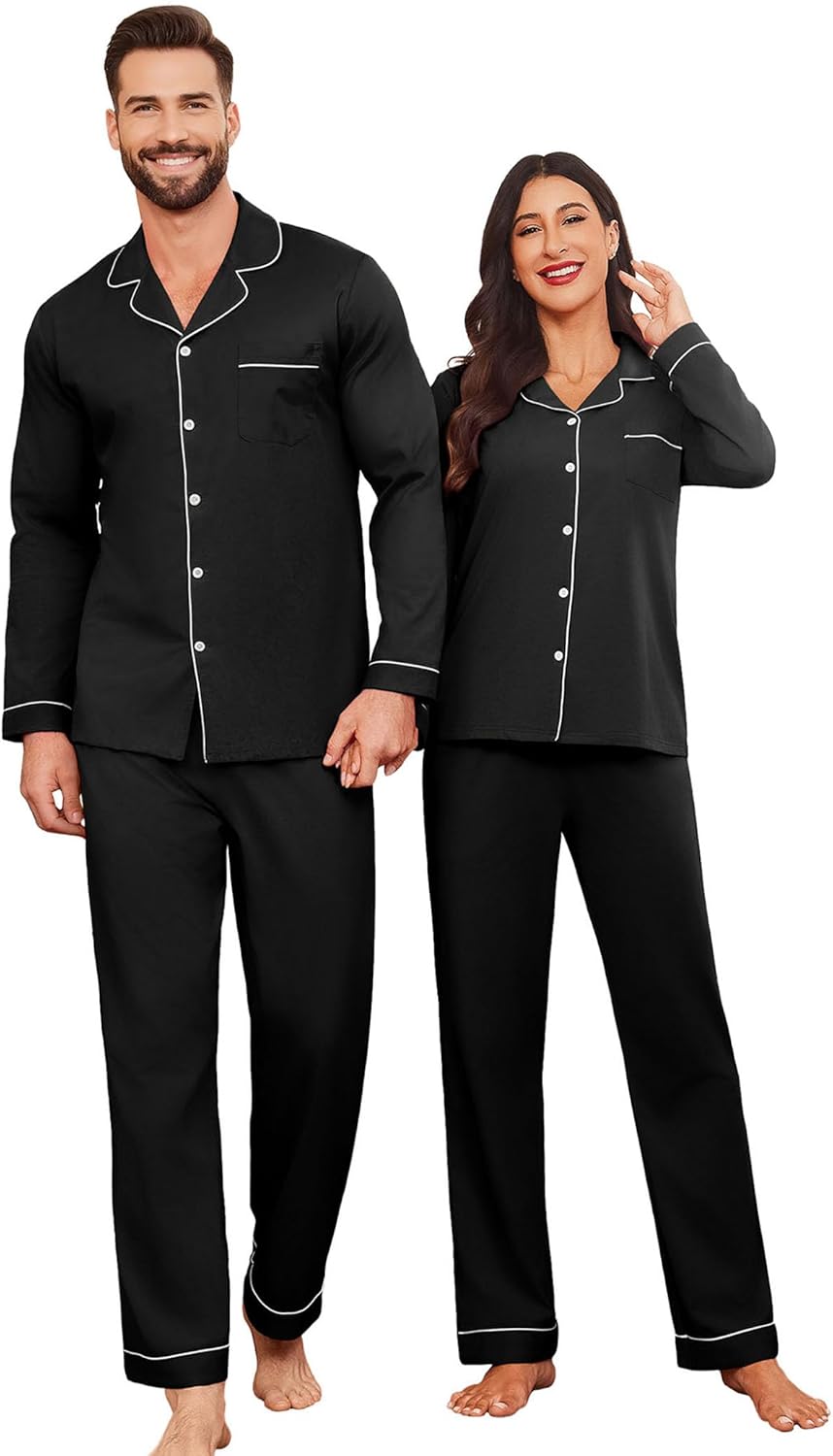 Ekouaer Couple Matching Pajamas 100% Cotton Long Sleeve Sleepwear Button Down Loungewear Pjs Set S-XXL