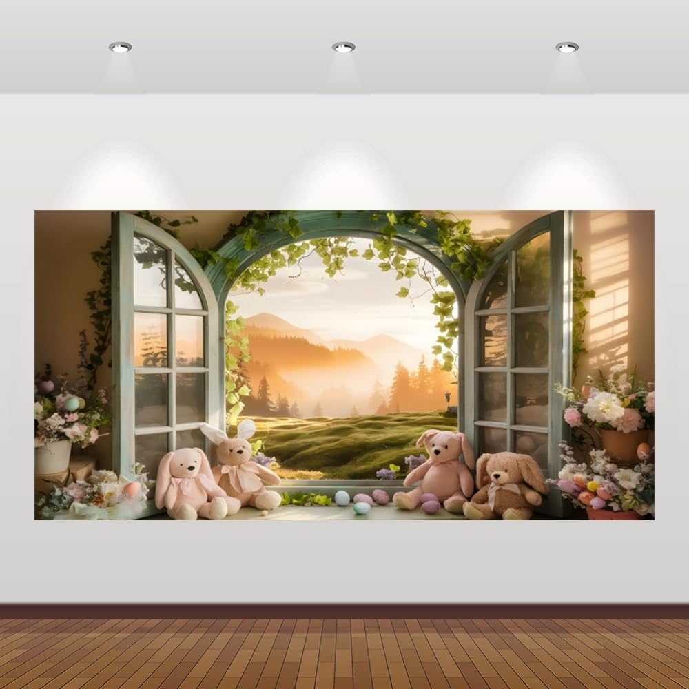 Spring Easter Garage Door Decorations 7x16ft Spring Garden Garage Door covers Happy Easter Backdrop Window Bunny Eggs Background Large Easter Garage Door Cover Outdoor Indoor Decor