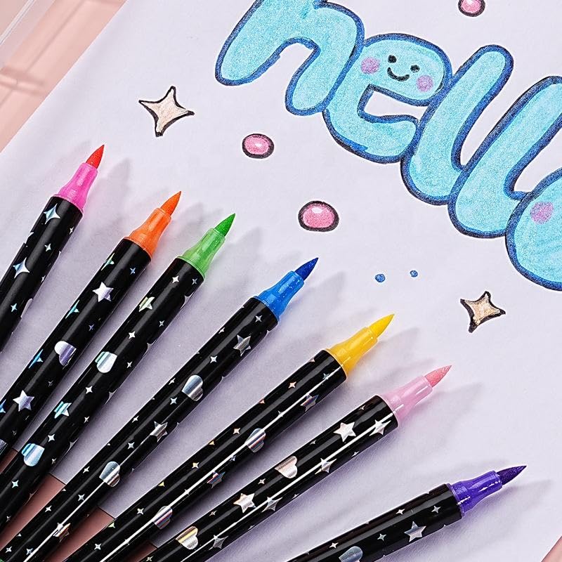 Image of Amitasha 24 Color Shades Art Marker Glitter Brush Pen Set Soft Dual Tip Water-based Shimmer Colors Sketch Pen for Kids Adults DIY Greeting Birthday Cards Scrapbook (12 Pens = 24 Colours)
