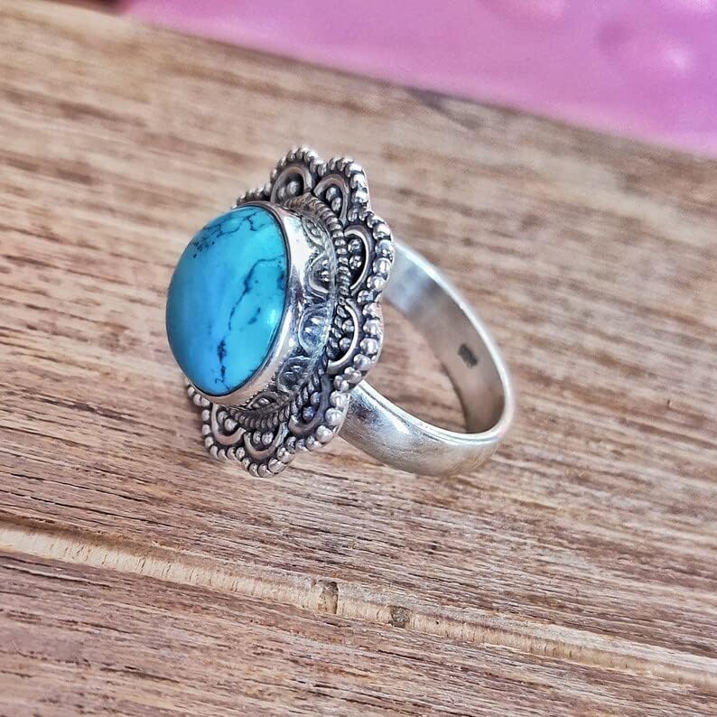 Turquoise Ring 925 Sterling Silver Plated Round Stone Ring Handmade Ring Artisan Design Ring Boho Ring Wedding Ring Women Gift Ring Bridesmaid Gift Ring Created Turquoise Jewelry