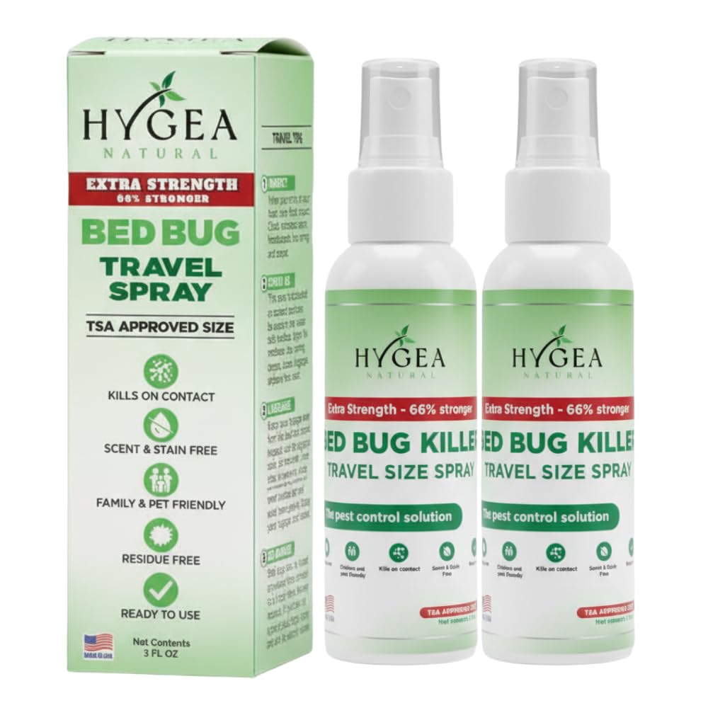 Hygea Natural Extra Strength Bed Bug Killer & Mite Travel Spray - TSA Approved Size - Child & Pet Friendly - Stain & Odor Free - for Hotel, Suitcase, Backpack, Shoes - 66% Stronger Formula(2pk, 3 oz)