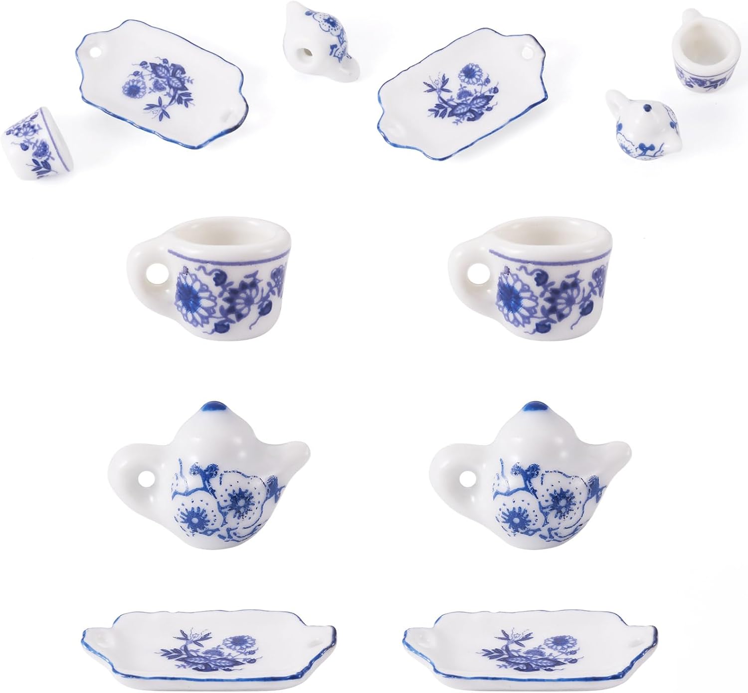 FASHEWELRY 6Pcs Ceramic Teacup Teapot Plate Kitchenware Miniature, Vintage Chinese Style Micro Landscape Dollhouse Food Kitchen Play Lovely Tableware Display Decoration