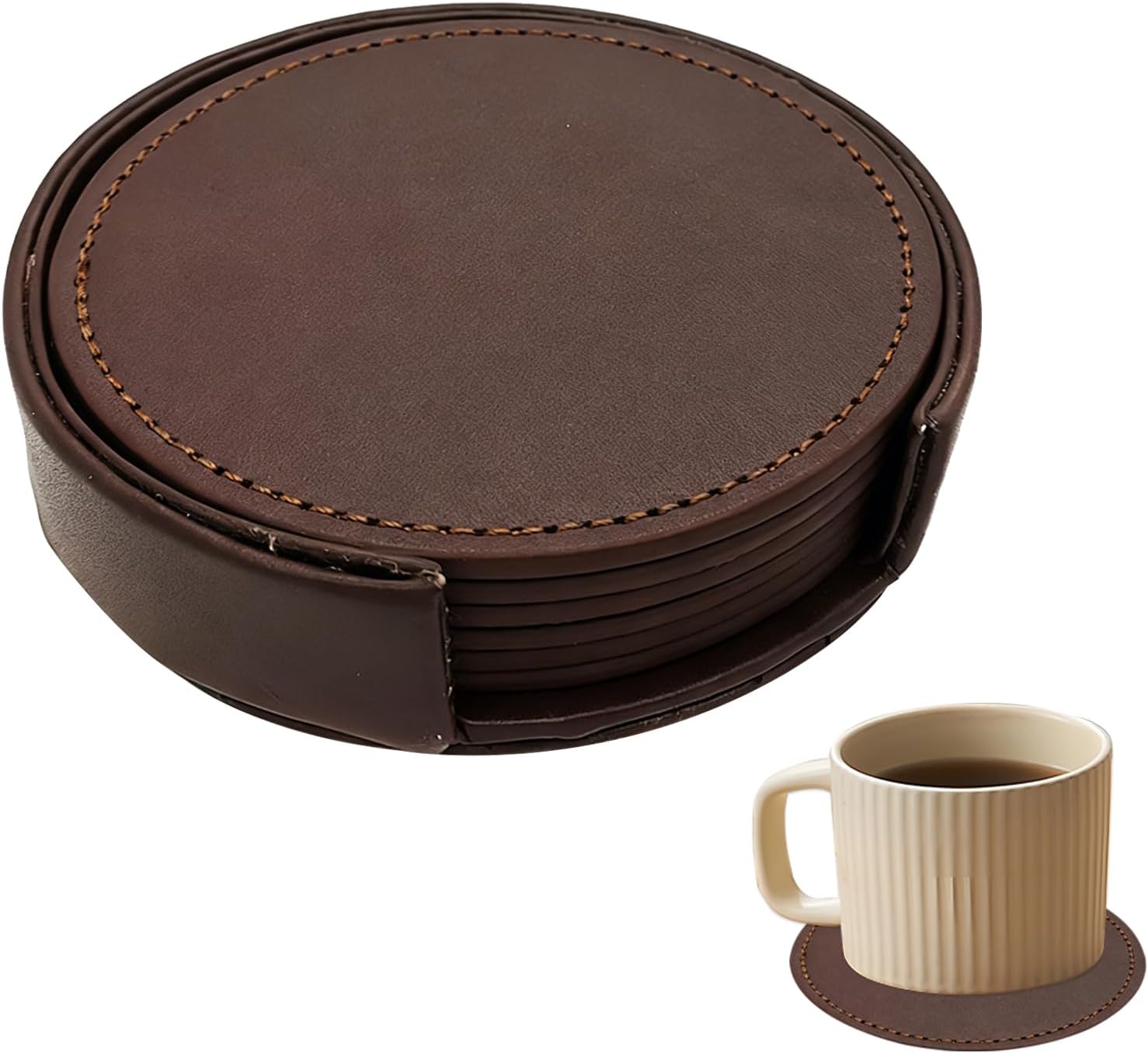 6 Packs PU Coasters Set, Soft Leather Drink Coaster with Holder, Round Drink Coasters Set Coffee Mats Heat Resistant Table Protector Mats for Various Cups Wooden Tables(Black) (Brown)