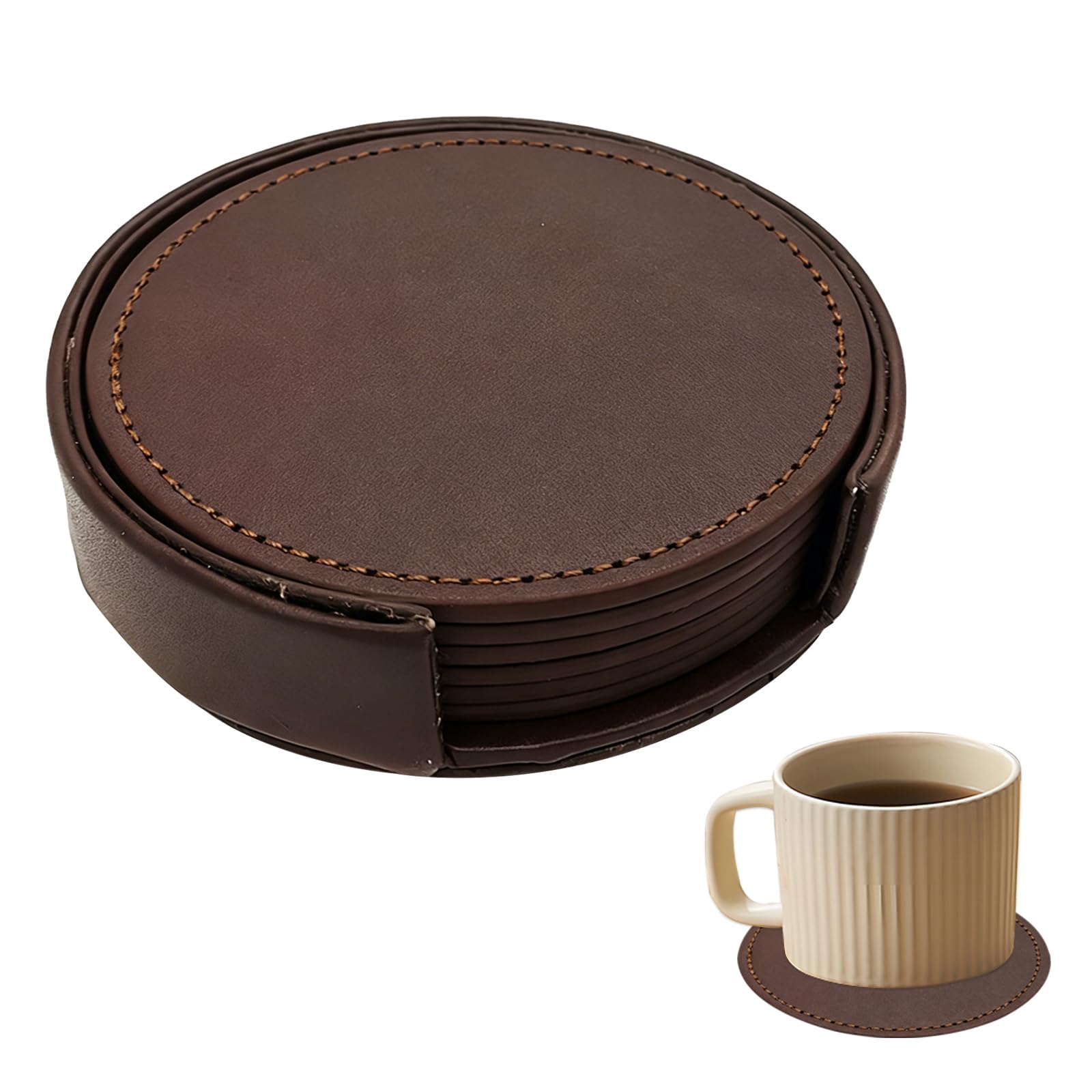 6 Packs PU Coasters Set, Soft Leather Drink Coaster with Holder, Round Drink Coasters Set Coffee Mats Heat Resistant Table Protector Mats for Various Cups Wooden Tables(Black) (Brown)