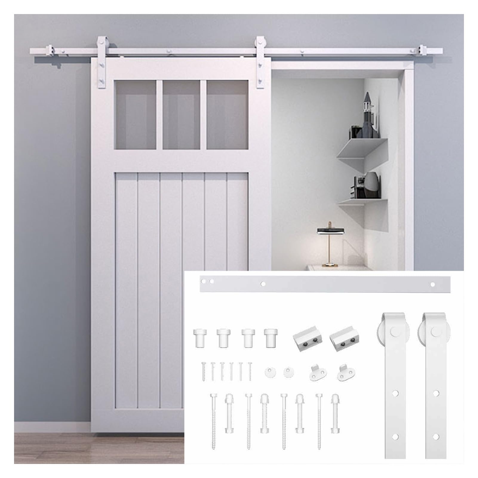 Zestaw mocnych i wytrzymałych okuć do drzwi przesuwnych stodoły, prowadnica, płynne ciche przesuwanie, klimatyzowanych pomieszczeń, kuchni sypialni(63" Track (Single Door))