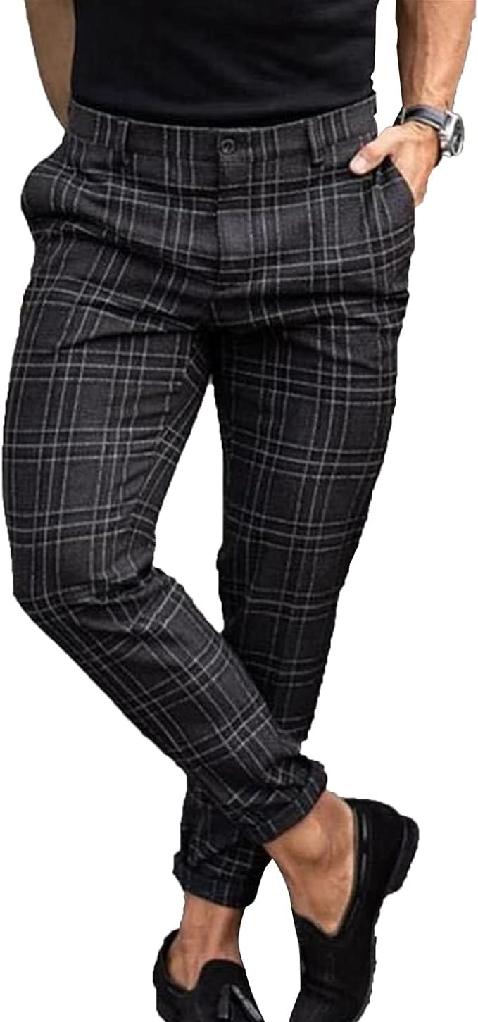 Mens Stretch Skinny Dress Pants Slim Fit Business Casual Plaid Chino Pants Fashion Stretch Flat Front Trousers