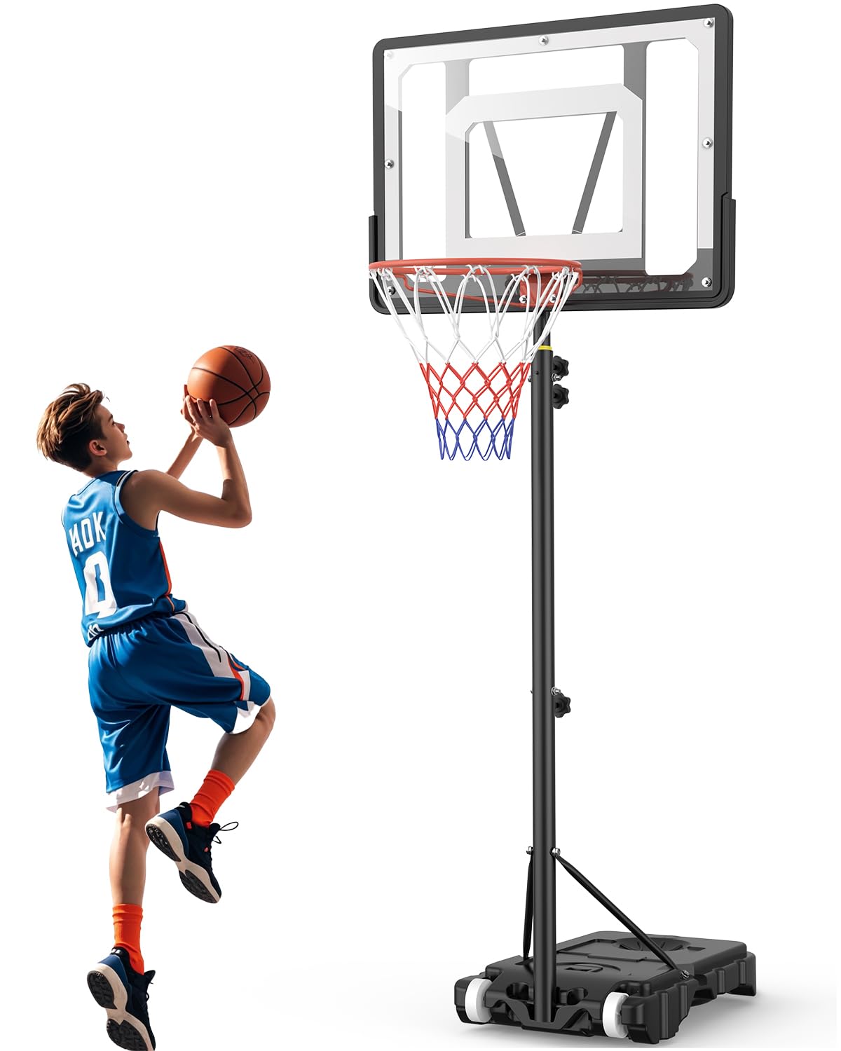 Panier de Basket Portable Intérieur/Extérieur- Réglable (1.5m-2.1m) avec Panneau Incassable 84cm - Roues de Transport - pour Enfants/Ados/Jeunes - Polycarbonate Renforcé