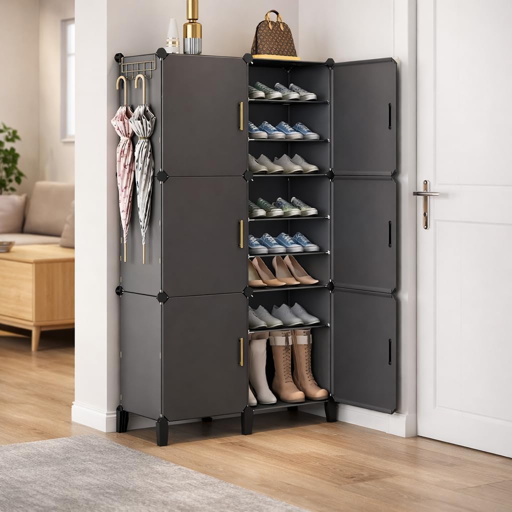 Sunderlook Shoe Rack Plastic for Home- Shoe Stand, Chappal Stand, Professional Multipurpose Foldable Standing Comfort Runner Shoe Rack with Door, Slipper Stand (Dark Grey, 18 Shelf 6 Door)