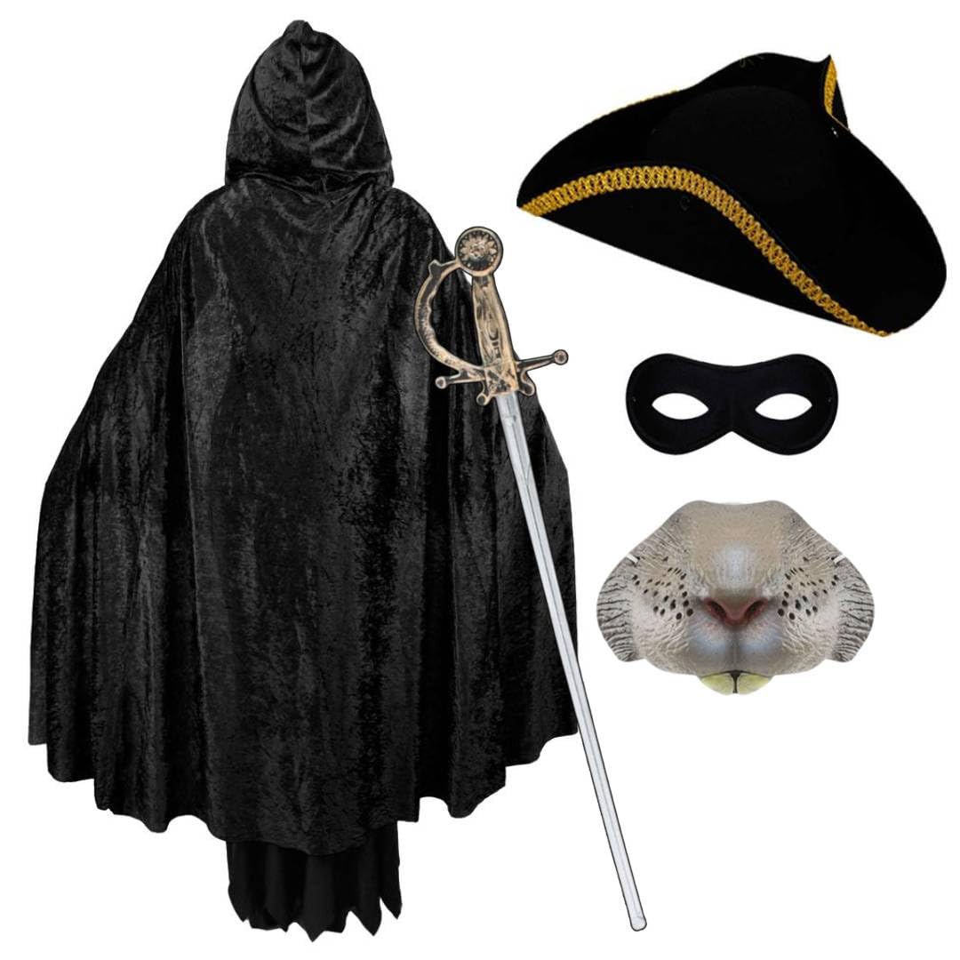 Adults Highway Rat Costume – Black Cape, Eye Mask, Rat Nose, Tricorn Hat & Toy Sword – Men’s & Women’s Storybook Fancy Dress Outfit for World Book Day, Parties, Theatre & Themed Events
