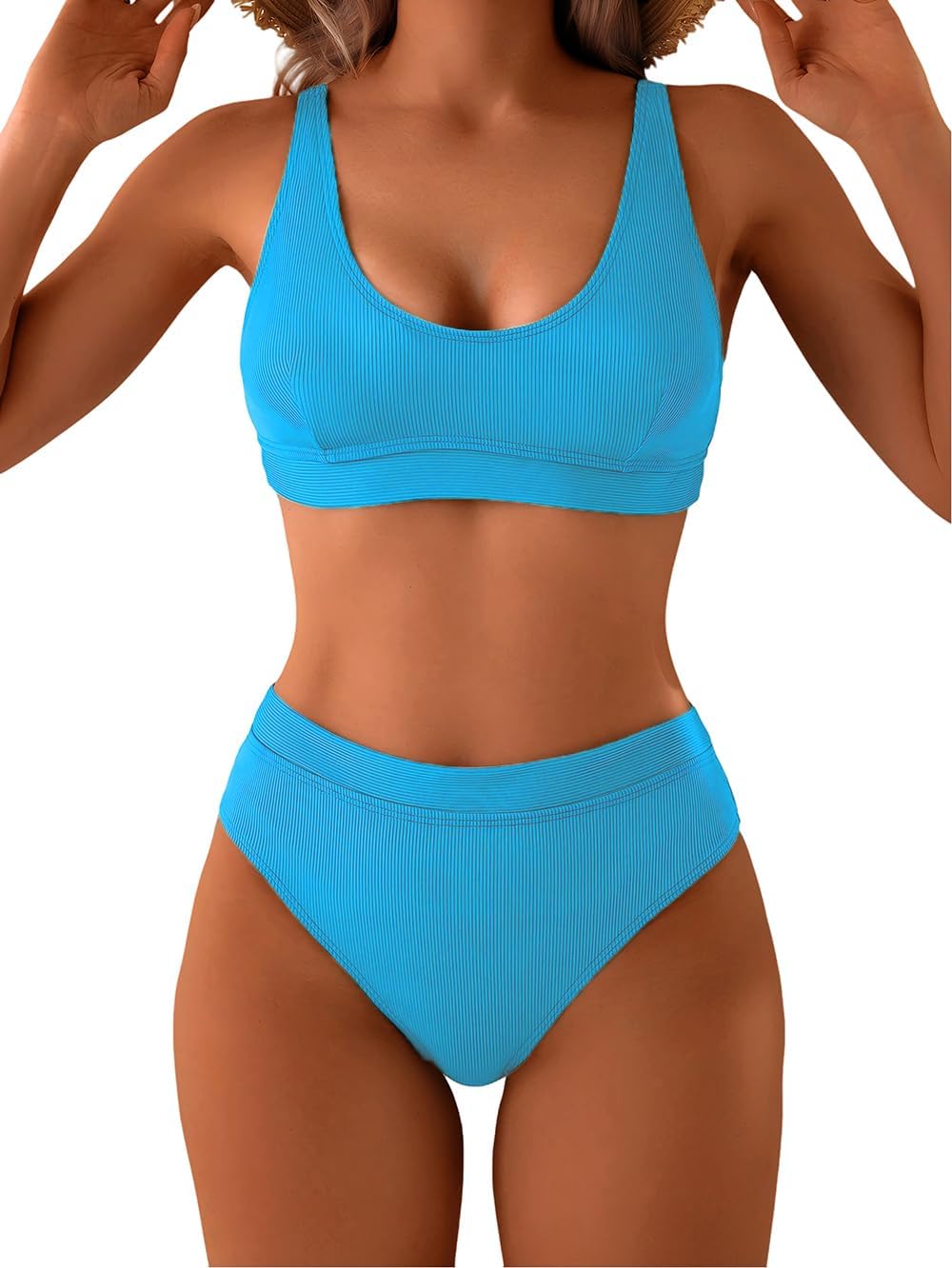 YIMISAN Women's Two Piece Swimsuits Sporty Tank Top Ribbed Bikini Sets High Cut High Waisted Bathing Suits