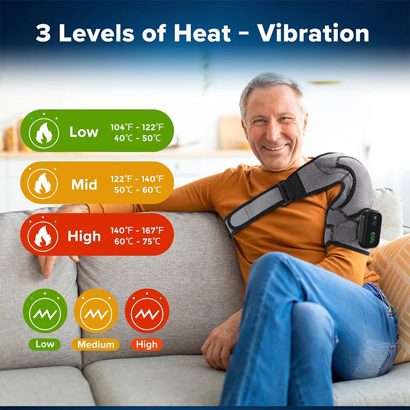 Coussin De Massage Chauffant Sans Fil Pour Épaule, Attelle Chauffante avec 3 Niveaux De Chaleur Et Vibrations, Écran Tactile et Batterie Haute Capacité, Adaptée À L'Épaule Gauche/Droite pour Unisexe
