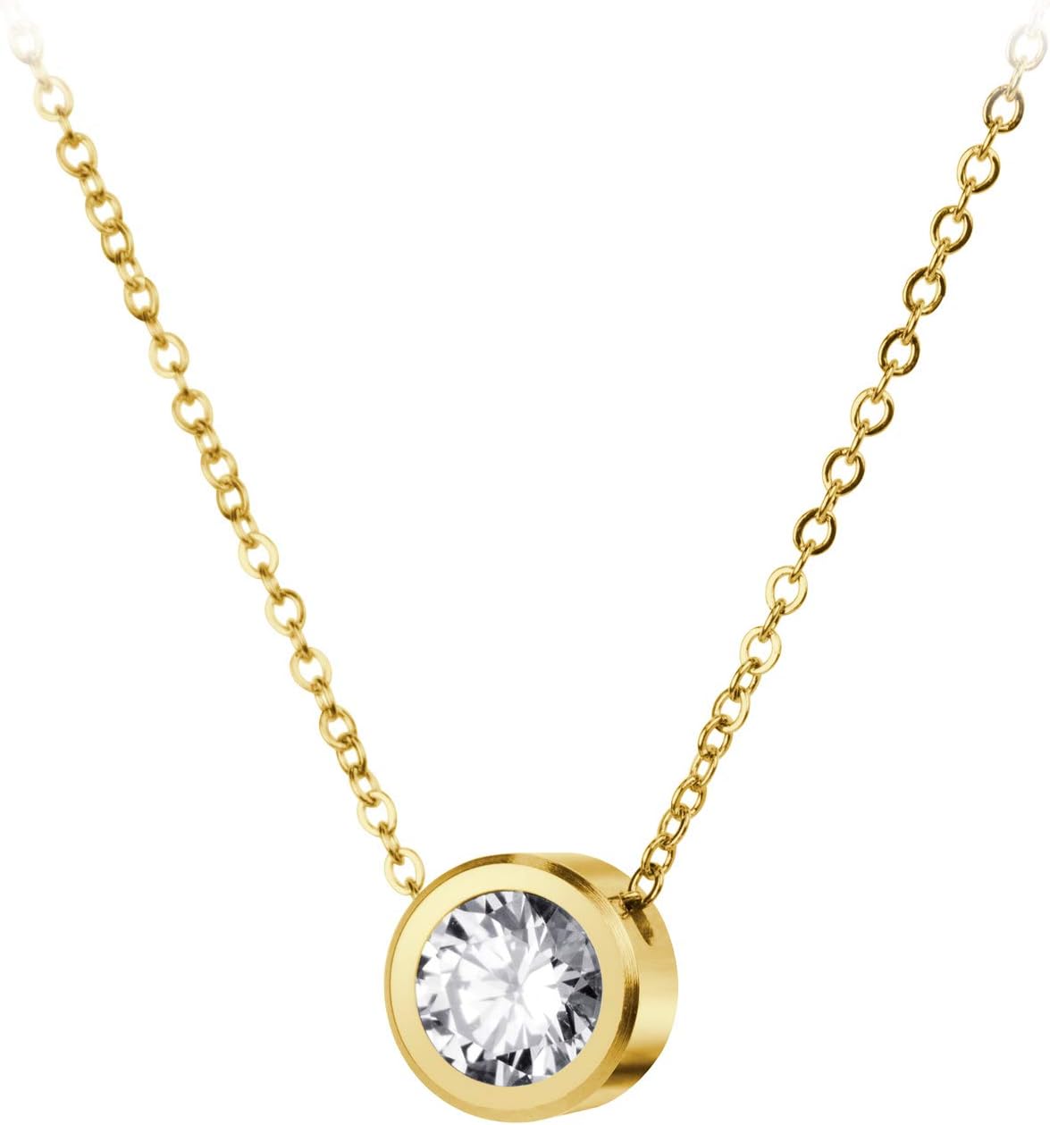 Stainless Steel Round CZ Solitaire Sparkly Bezel Pendant Necklace