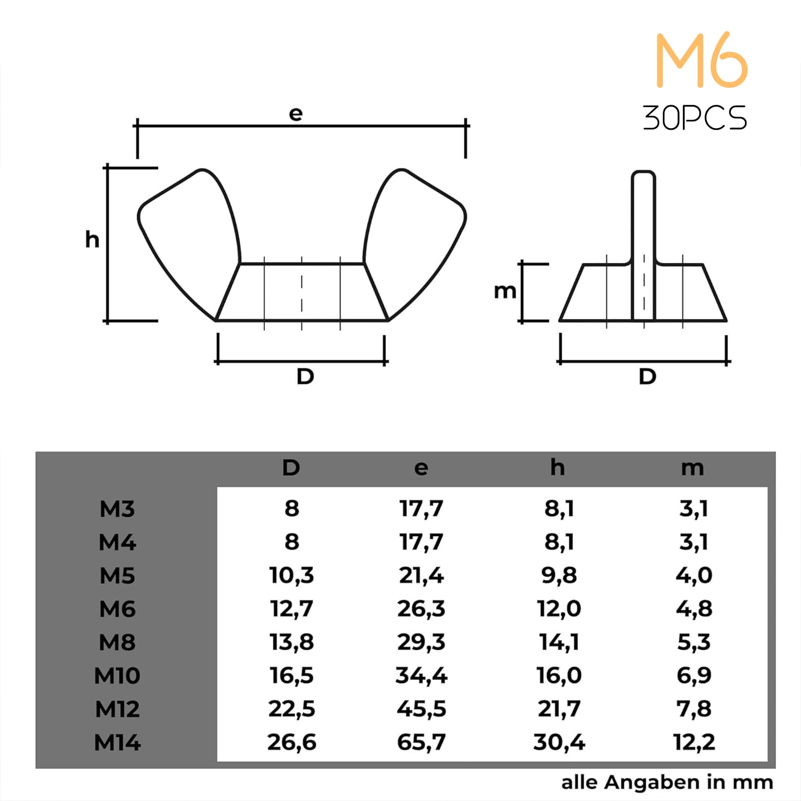 set draadeinden M6-70 vleugelmoeren