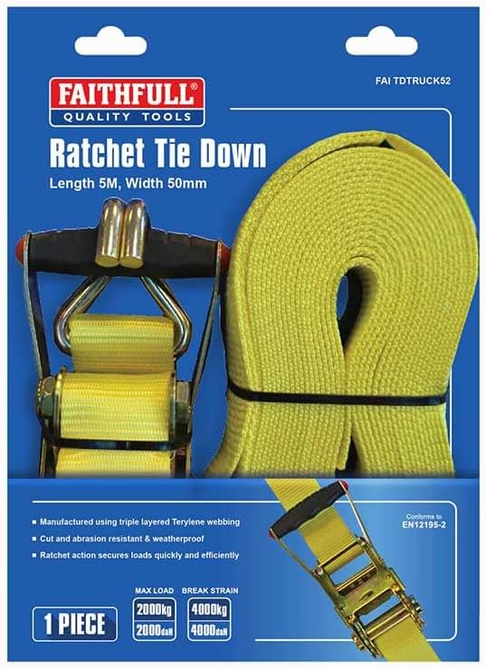 Faithfull Ratchet Tie Down 5m x 50mm Trucker Breaking Strain 4500kg