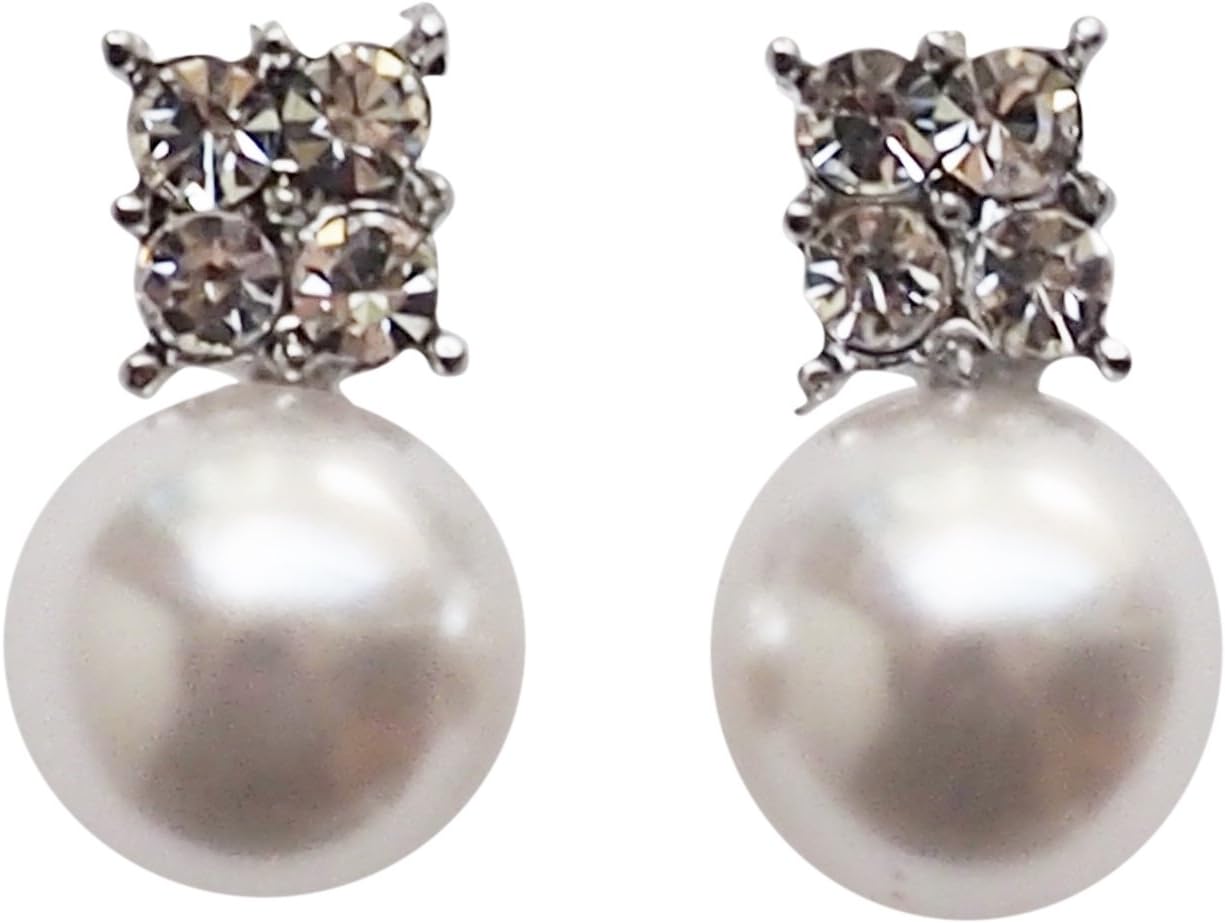 Women’s White Pearl Invisible Clip on Earrings – Comfortable Bridal Crystal Non Pierced Clip on Stud Earrings Gold Silver tones Wedding