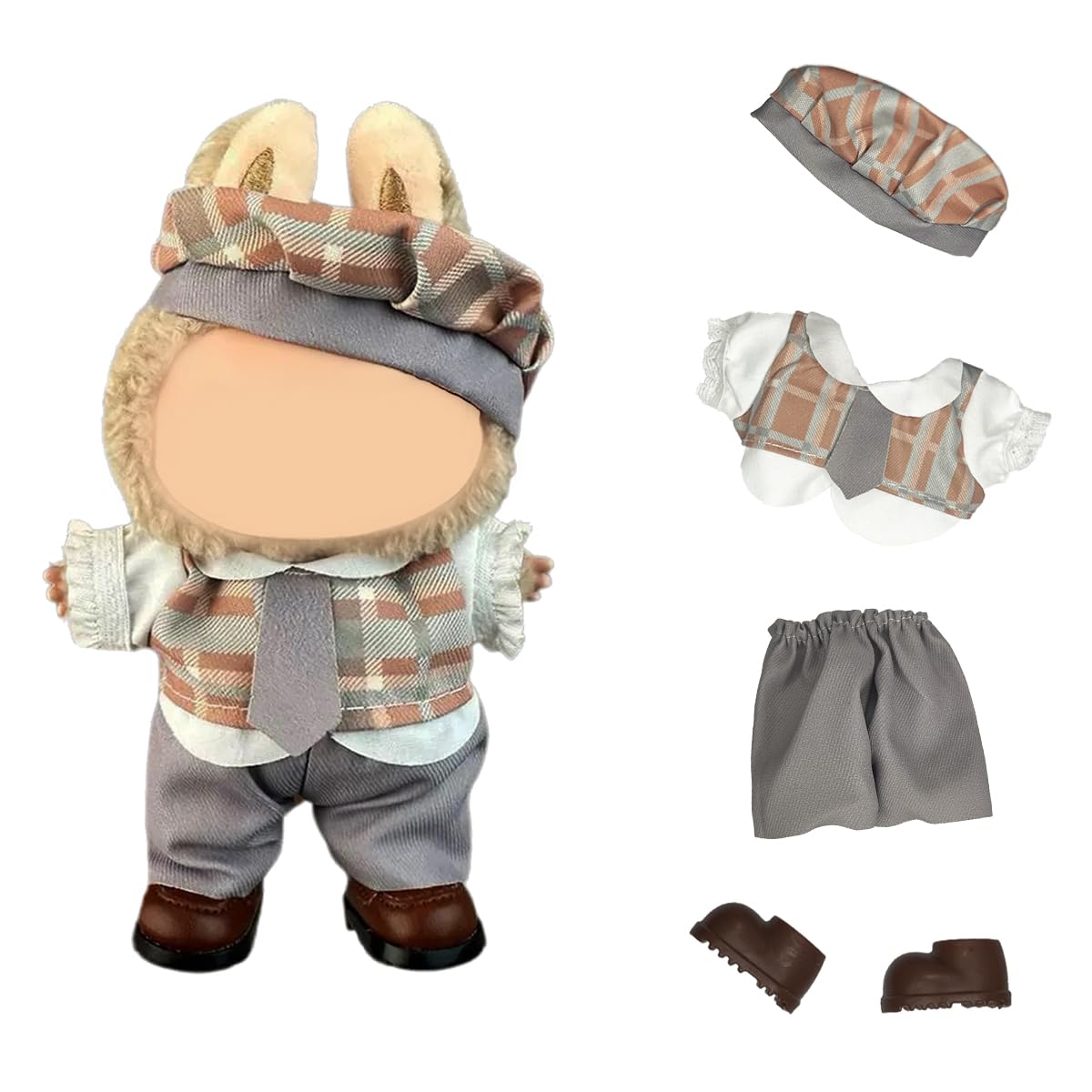 17cm Doll Clothes Hat & Overalls Set Stylish Adorable Dolls Clothes Accessories Cute Clothes for Dress up, Grey