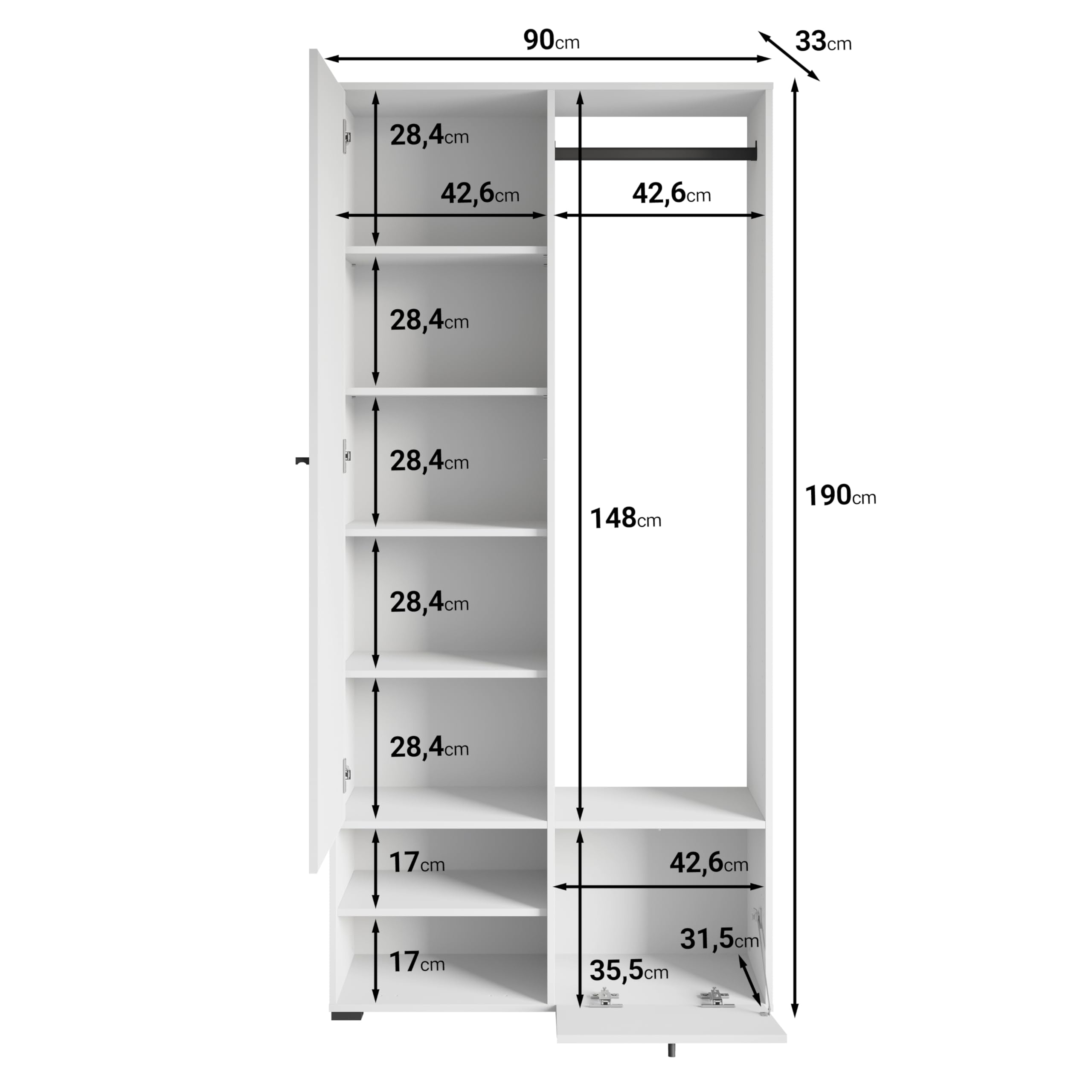 MINIO go for it - Garde-Robe DAFNI 90 cm de Large Ensemble de vestiaire | avec miroir, ensemble de vestiaire avec étagère et armoire à chaussures, armoire de vestiaire hall, meubles d'entrée, blanc