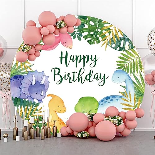 AOFOTO Fondo redondo de 7 x 7 pies con diseño de dinosaurio de feliz cumpleaños, cubierta grande, tema de la selva de las maravillas, cartel de