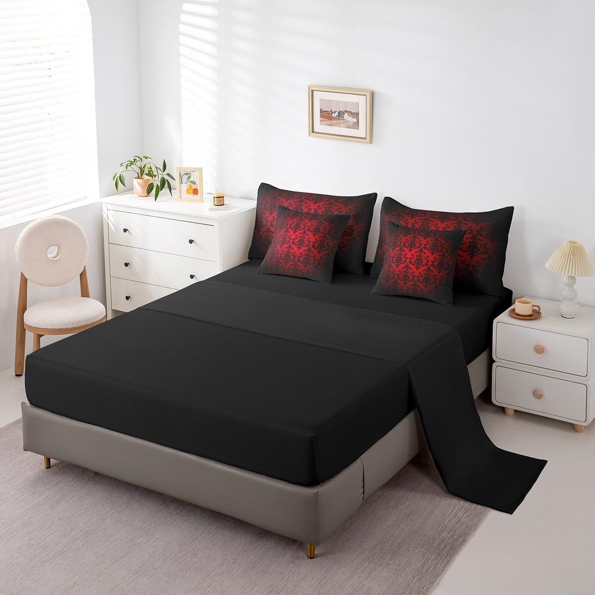 Castle Fairy Red Black Damask Reversible 7 Pieces Comforter Set King Size,Antique Victorian Baroque Boho Bed Sheet Set Vintage Gothic Lace Floral Print Bedding Set with Comforter,Fitted & Flat Sheet