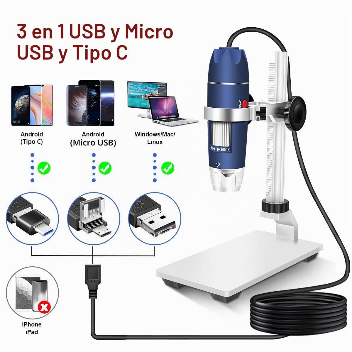 Jiusion Microscopio Digital HD 2MP USB 40-1000X con Aumento portátil cámara endoscopio con 8 LED aleación de Aluminio Soporte Estable para OTG Android Mac Windows 7 8 10 11 Linux | Endoscopio 8 LED Soporte Estable Aleación de Aluminio para OTG Android Mac