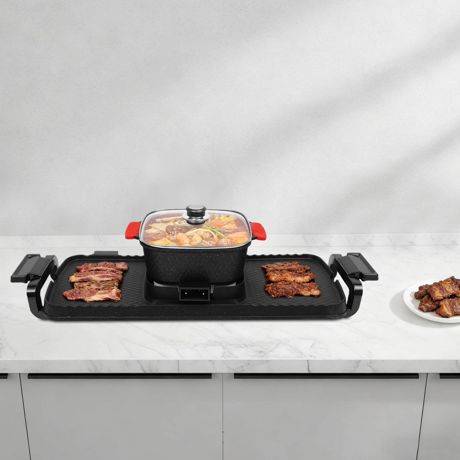 Electric Hot Pot und grill Eléctrico Hotpot - Olla eléctrica 2 en 1, con tapa transparente para interior, coreana, barbacoa, tailandés, fondue, Raclette para 6 personas, 5 velocidades de