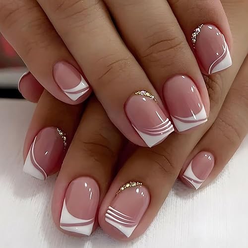 Uñas postizas cuadradas a presión, uñas postizas cortas de color rosa, con diseños de diamantes de imitación, uñas francesas brillantes de cobertura