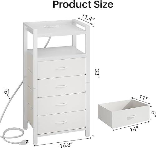 Miniatura 3 de Kitstorack Mesita de noche blanca con estación de carga y luz LED, cómoda estrecha y alta con 4 cajones de tela, cómoda pequeña con estantes para