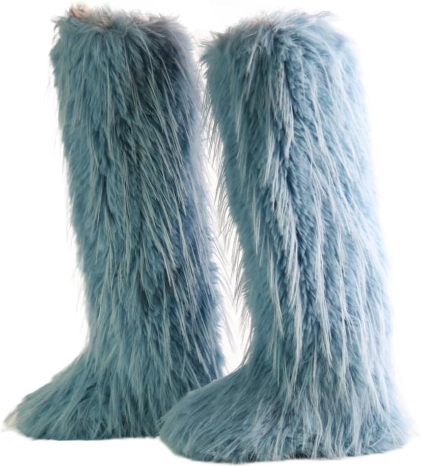 Rave Thigh High Fur Boots Y2K for Women, Fluffy Fuzzy Snow Winter Boots, Faux Mongolian Furry Shoes, Goth Boho Emo Grunge Cute Fahsion, EDM Festivals Concert Parties Club, Halloween Christmas New Year