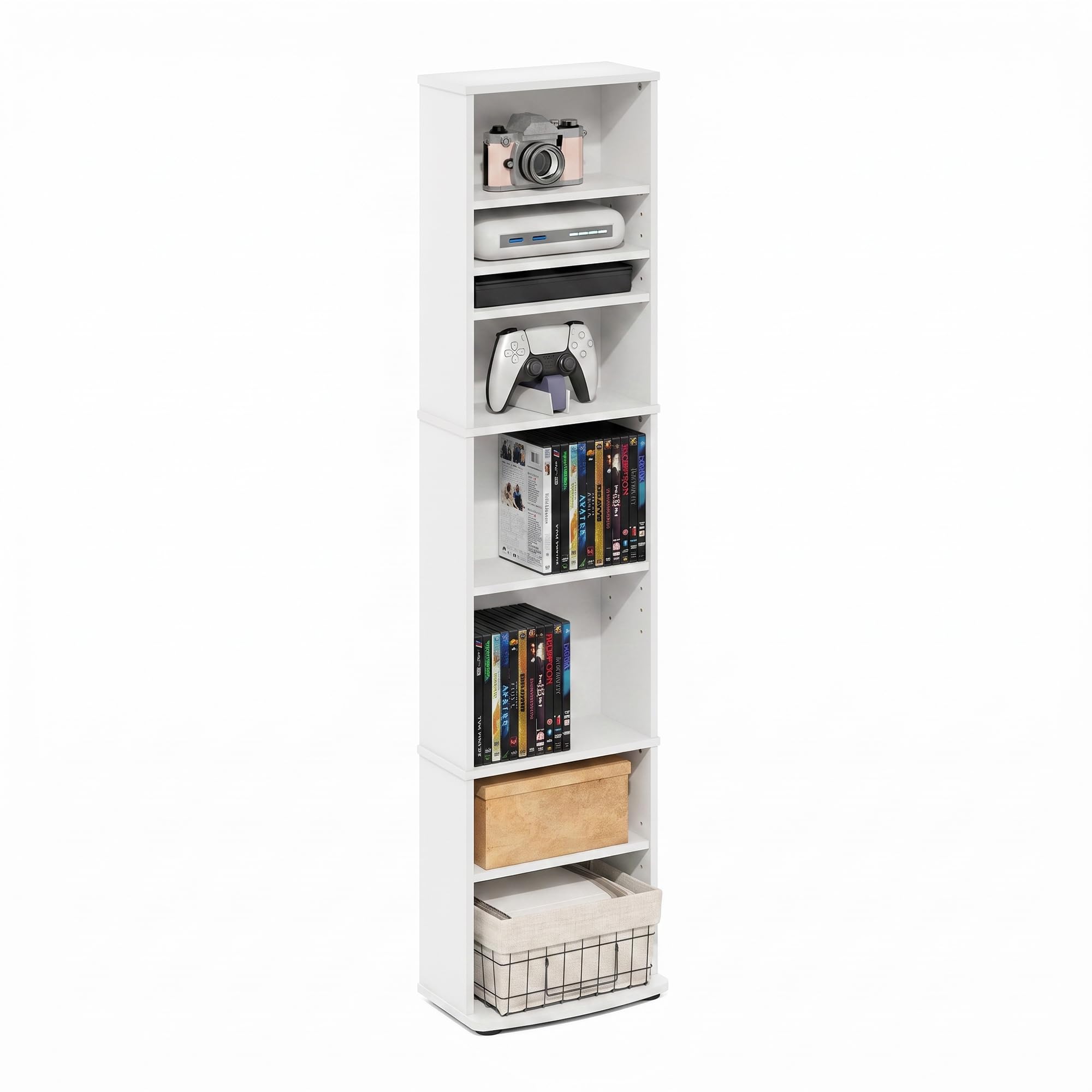 Furinno Jaya DVD Shelf, 8-Tier Tall Narrow CD Rack, Media Shelf with Adjustable Shelves, DVD Storage Cabinets for CD Bluray Game Disc, Easy Assembly, for Living Room, Home Office, White