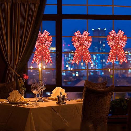 Miniatura 4 de 2 lazos LED para el día de San Valentín para corona, lazos de corona de San Valentín, lazos rojos a cuadros con luz LED, lazos de regalo de corazón