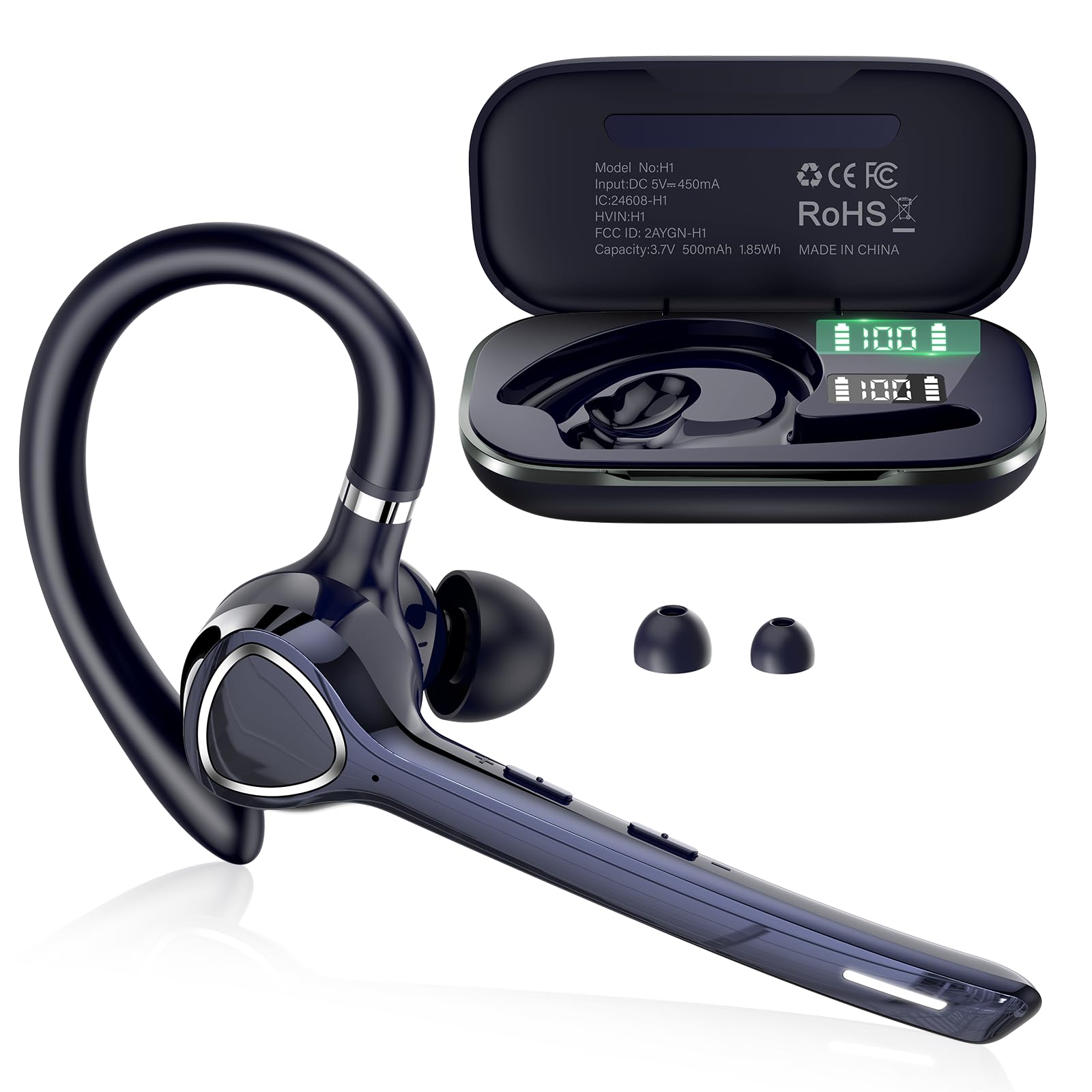 Cuffie Bluetooth Singolo Vivavoce, Auricolare V5.4 con ENC Noise Canceling Mic Mute, 90 Ore Mano Libera Auricolare Bluetooth per Affari/Sport Blu
