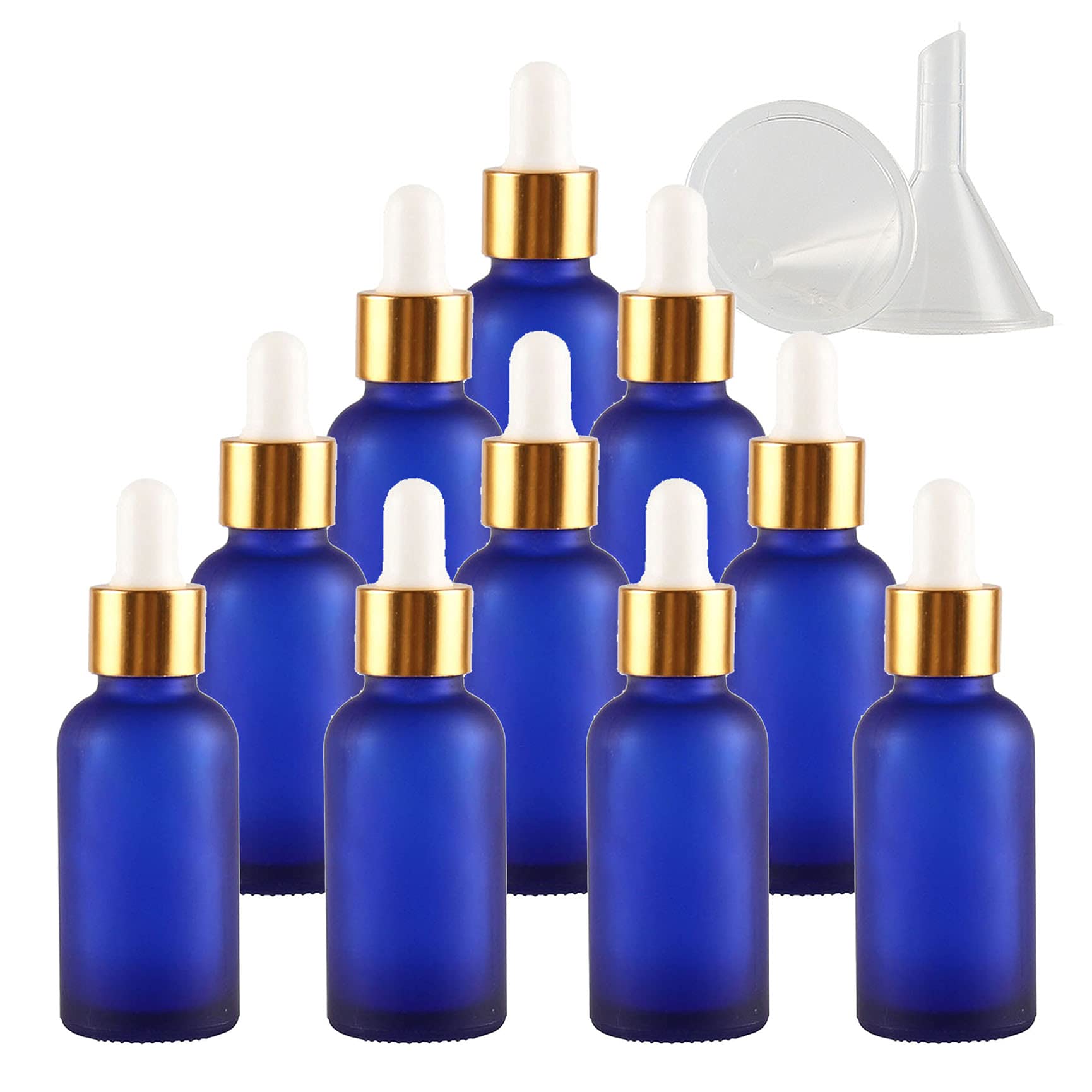 DLIBUY 20 Pieces Empty 30ml Frosted Blue Glass Dropper Bottles with Glass Pipettes Gold Screw Cap for Essential Oil Aromatherapy Blends Fragrance Perfume Cosmetic Vials Travel Containers Funnel