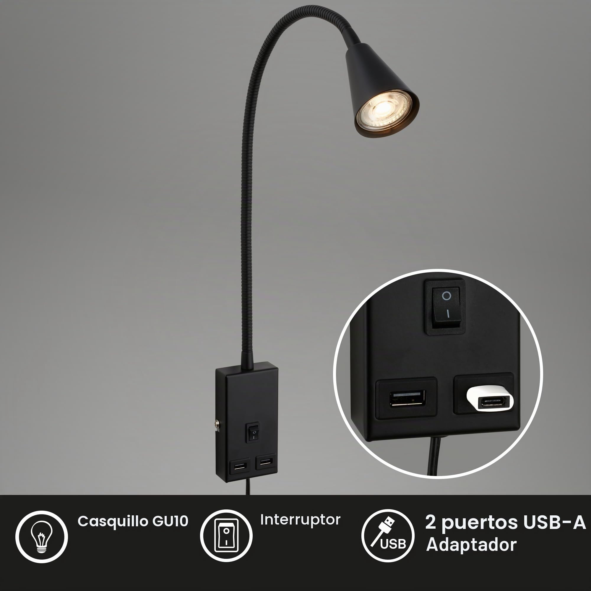 Briloner - Lámpara de lectura con puerto USB, interruptor on/off, giratorio, enchufe, aplique de interior, lámpara de pared, lámpara de cama, 50 cm de altura, negro