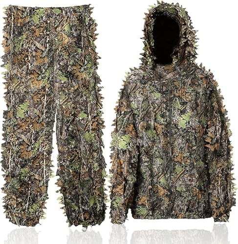 Beler 3D ghillie kamouflage, djungel kamouflage bionic design lätt blad kamouflagekläder byxor jacka set för jakt dold festsmycke (skogsgrön, M)