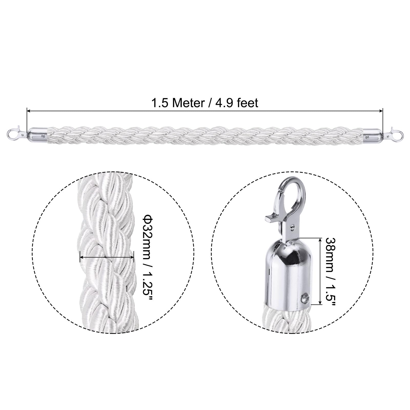 PATIKIL Corda Montante, 1,5m/5Ft Corda Barriera Ritorto Posto Corde con Ganci Scatto per Posti Supporti Coda Divisore Controllo Folla di Hotel, Bianco Argento