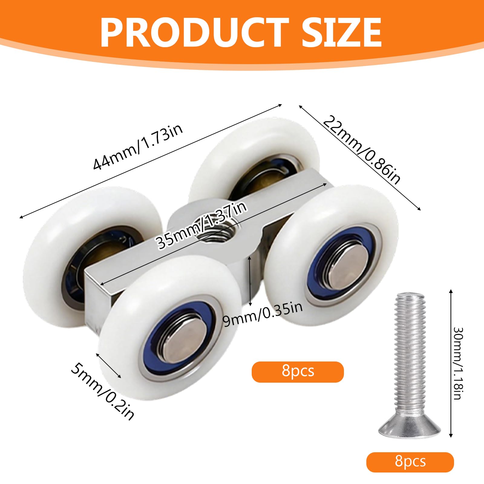 8 ruedas para puertas correderas, 44 x 22 mm, ruedas para puertas correderas, ruedas para puertas correderas con 4 ruedas, para balcón, cocina, baño