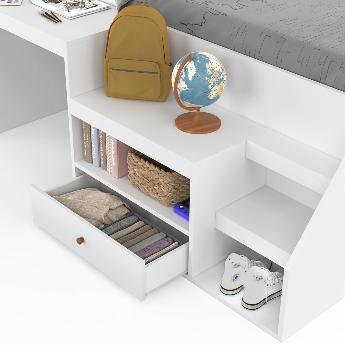 IDMarket - Cama combinada con somier, escritorio y almacenamiento Leopold 90x190 cm, color blanco