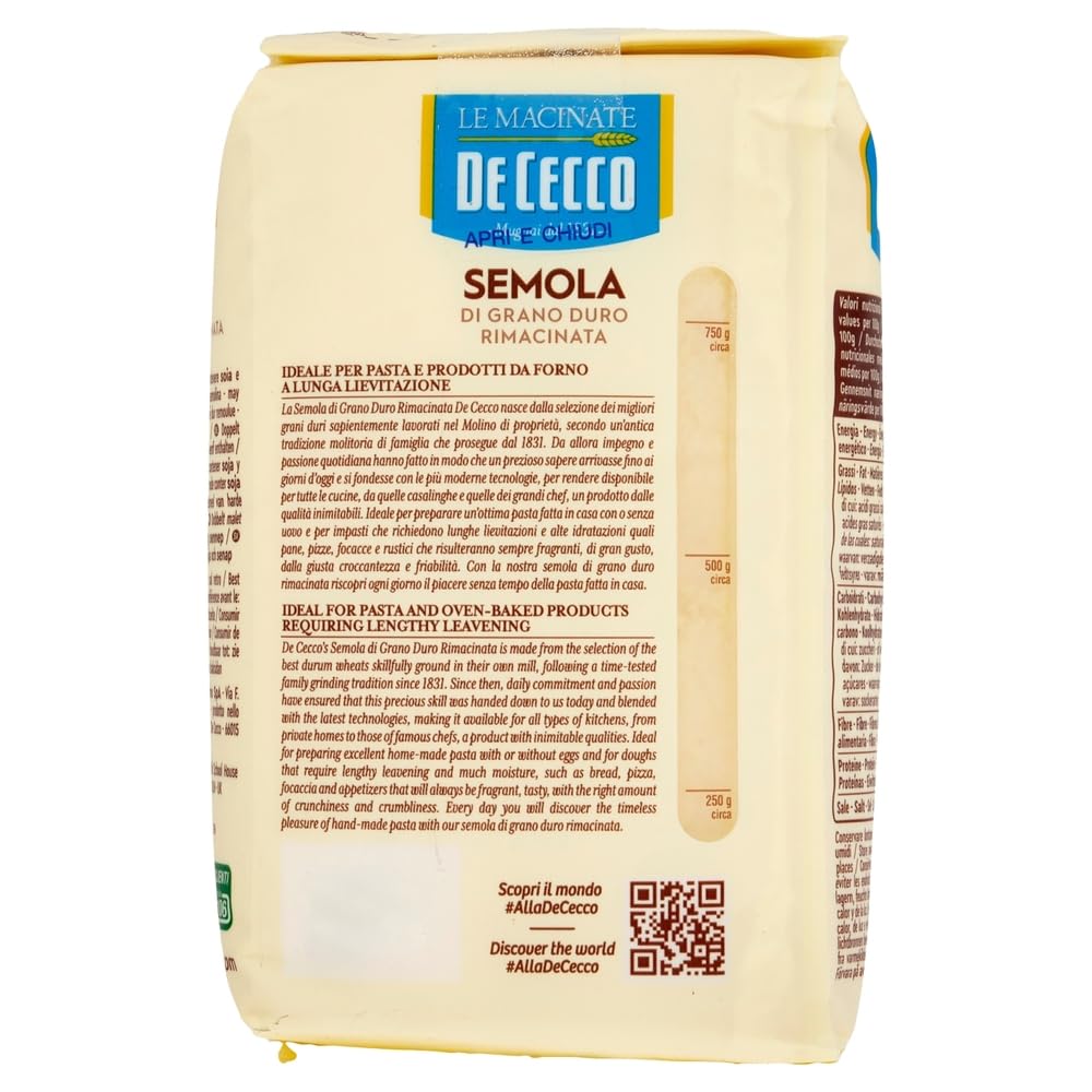 De Cecco Hartweizengrieß Mehl - Semola di grano duro rimacinata, Grieß durum 16 x 1kg + Beni Culinari Kostenloser Schlüsselanhänger