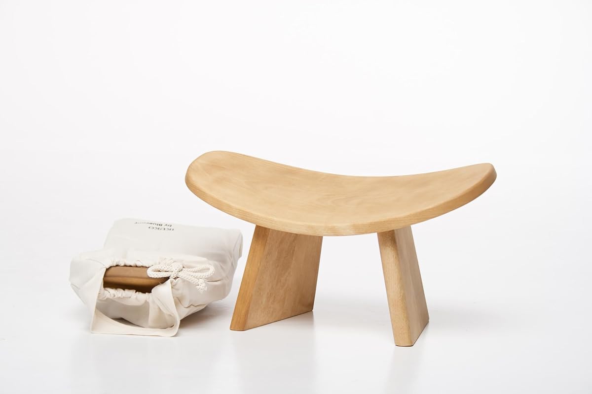 Meditation Bench IKUKO, Travel Yoga Stool, Natural, Standard | BLUECONY Original Portable Version With Bag, Seiza Stool Locally Handmade, Wooden Kneeling Yoga Bench, Standard 7" (18cm)