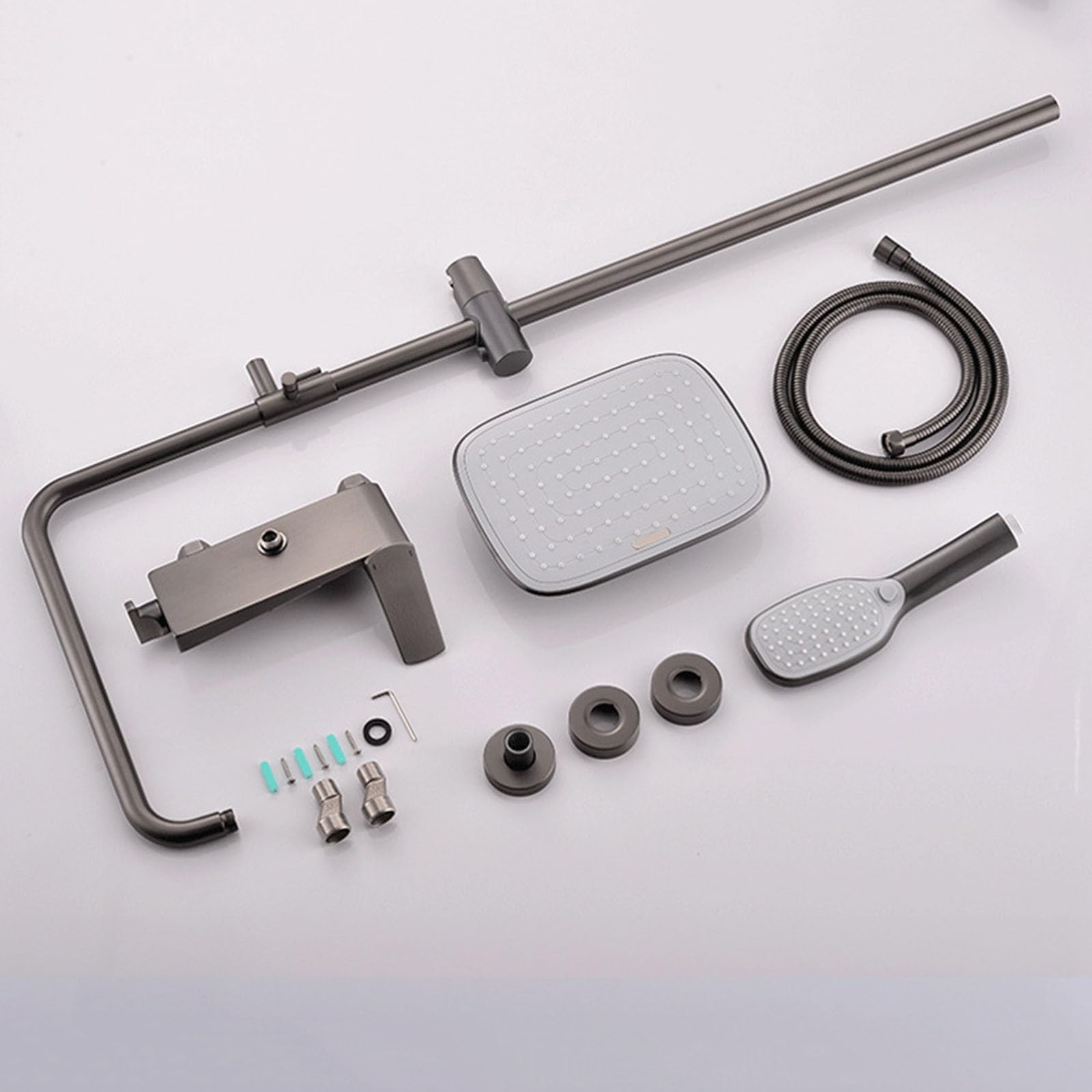 Kit Doccia a Muro con Soffione Rettangolare Miscelatore Cascata e Doccetta | Grigio Canna di Fucile Nucleo Della Valvola in Ceramica, Distanza Dei Fori Regolabile Da 13,5 a 16,5cm