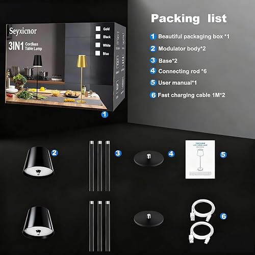 Miniatura 13 de Paquete de 2 lámparas de mesa inalámbricas de metal, 3 alturas ajustables, batería recargable de 5400 mAh, atenuación táctil de 3 colores, lámpara