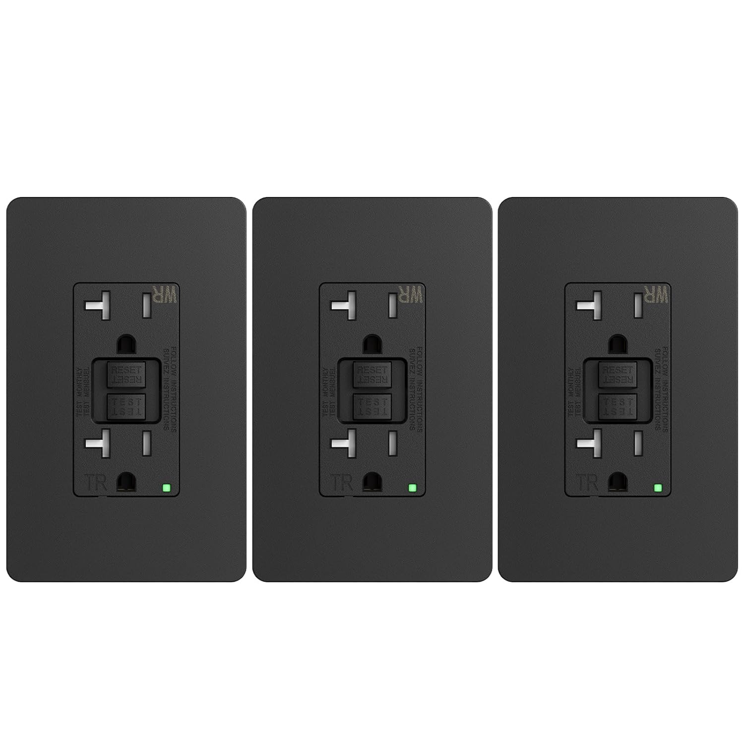 Amico 3 Pack GFCI Outlet 20 Amp with Thinner Design, Weather Resistant (WR), Self-Test GFI Receptacles with LED Indicator, Wall Plates and Screws Included, Indoor or Outdoor, ETL Listed, Black