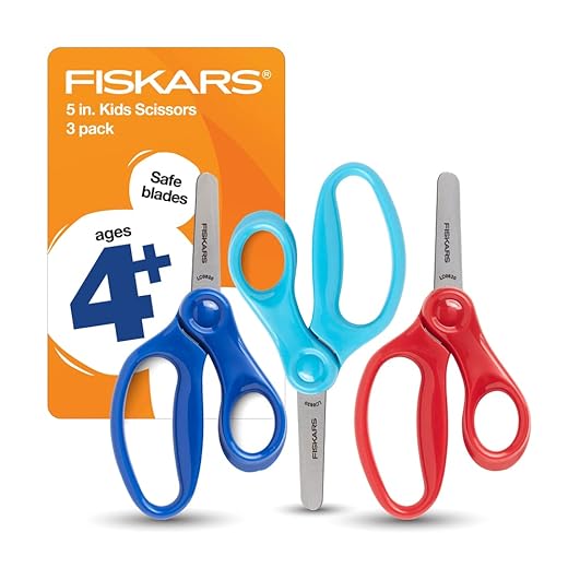 Fiskars 5" Blunt-Tip Scissors for Kids Ages 4-7 (3-Pack) - Scissors for School or Crafting - Back to School Supplies - Red, Blue, Turquoise