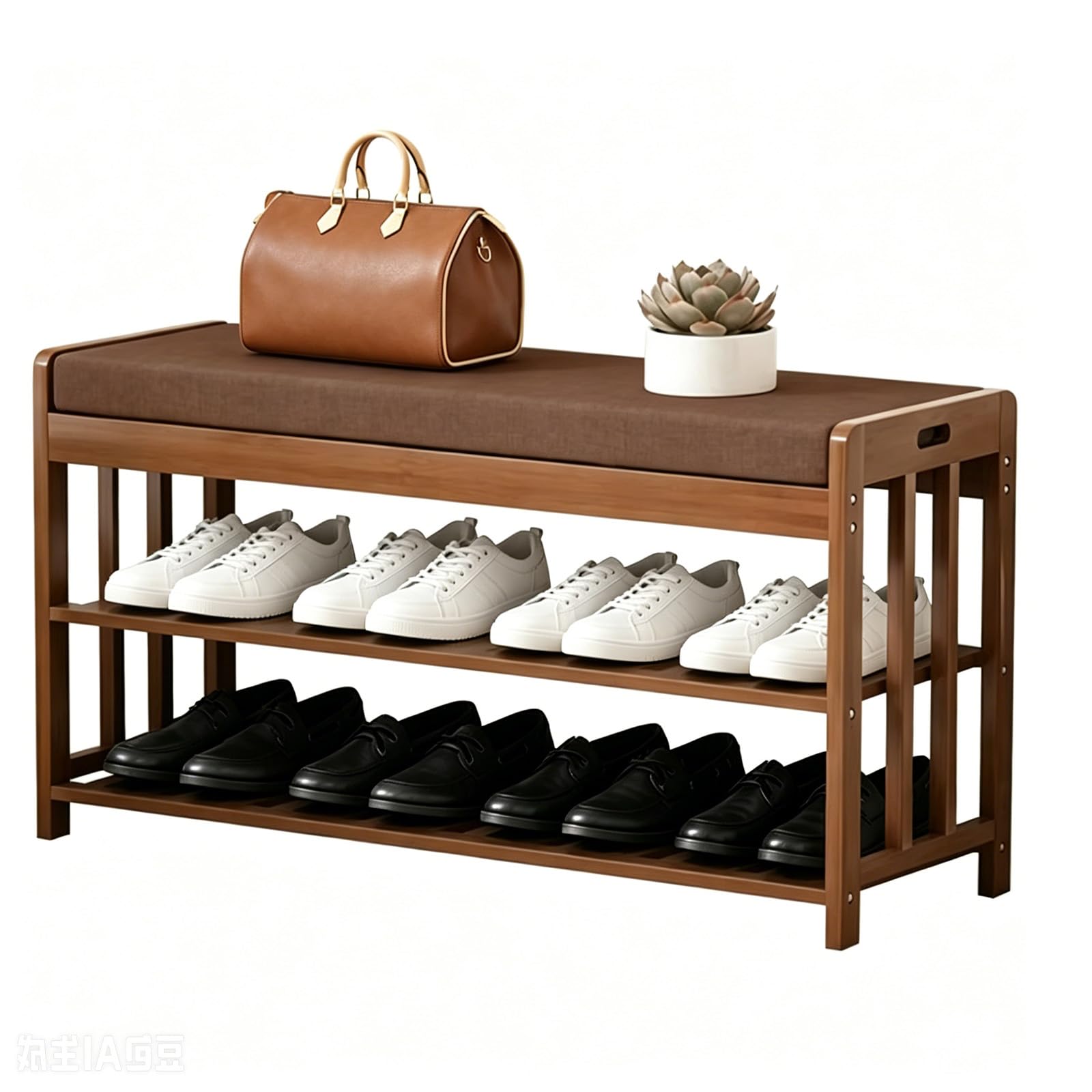 Spalivivre Shoe Storage Bench with Cushion, 2 Tier Wooden Shoe Rack