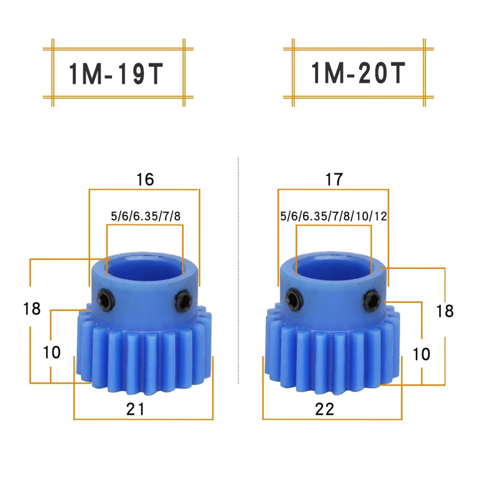 Bevel Gear Pinion Hardware Mechanical Nylon Gear 1M-19T/20T Teeth Pitch 3.14mm Blue Spur Gear Teeth Height 10mm Total Height 18mm Bore 4/5/6/6.35mm(1M-19 Teeth-8mm)