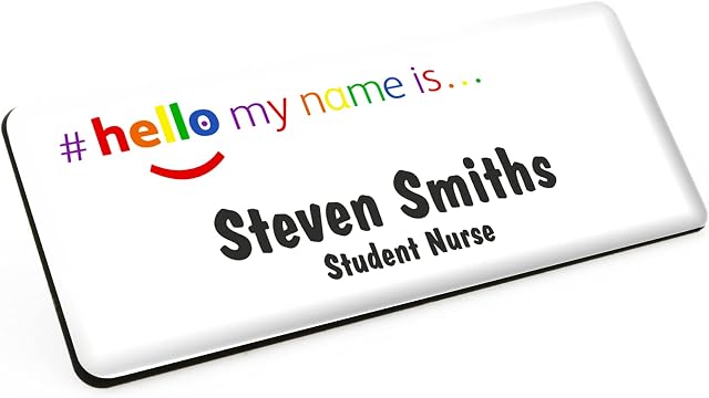 Hello My Name is Rainbow Colours Premium Durable Personalised Name Badges Magnet White Black 76 x 32mm